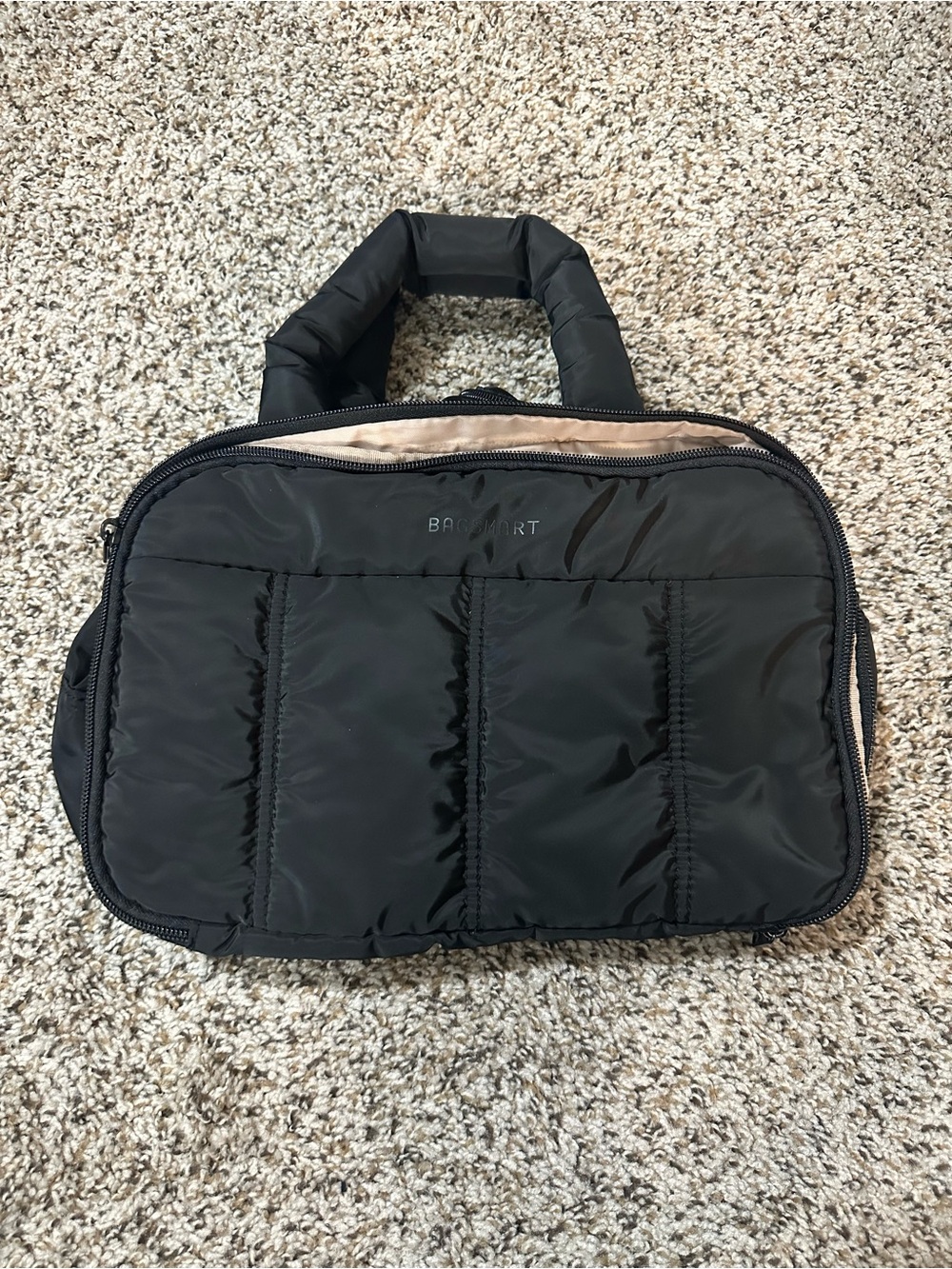 Bagsmart Black Quilted Toiletry Bag with Tan Lining